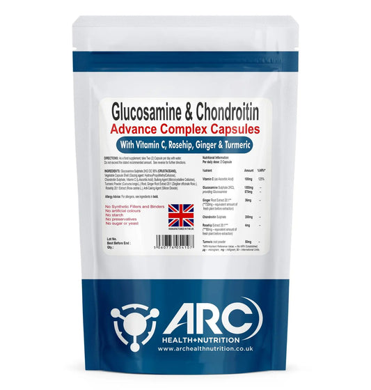 Glucosamine & Chondroitin Premium Complex - 120 High-Strength Capsules with Vitamin C, Turmeric, Ginger, and Rosehip - Made in The UK, for Maintenance of Immune System – Arc Health Nutrition ARC Health Nutrition