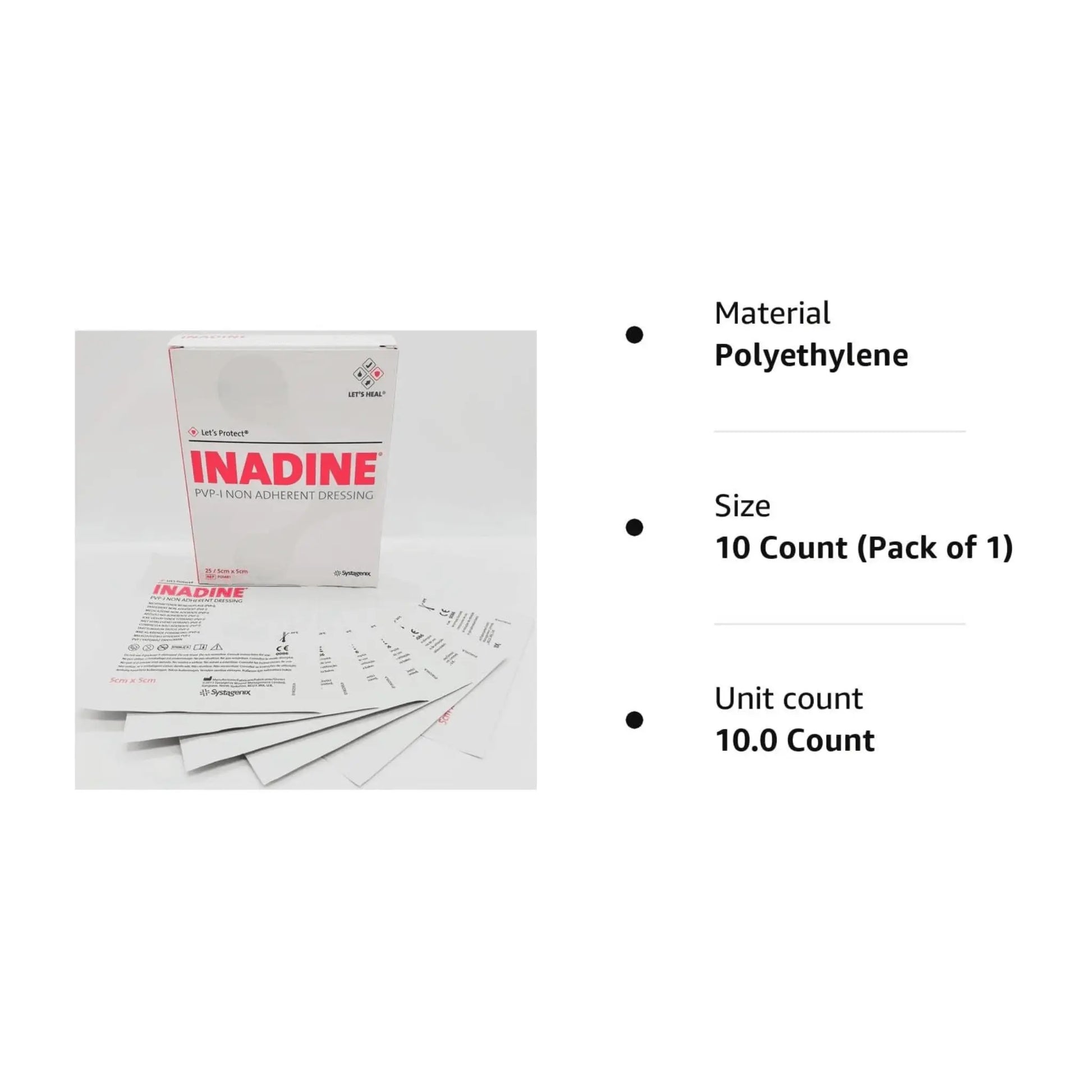 Inadine 5cm x 5cm x10 Non-Adherent Wound Dressings Povidone Iodine AntiMicrobial - Arc Health Nutrition UK Ltd