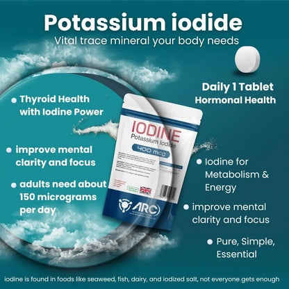 Iodine Supplement 365 Tablets 400mcg Potassium Iodide ARC Health Nutrition