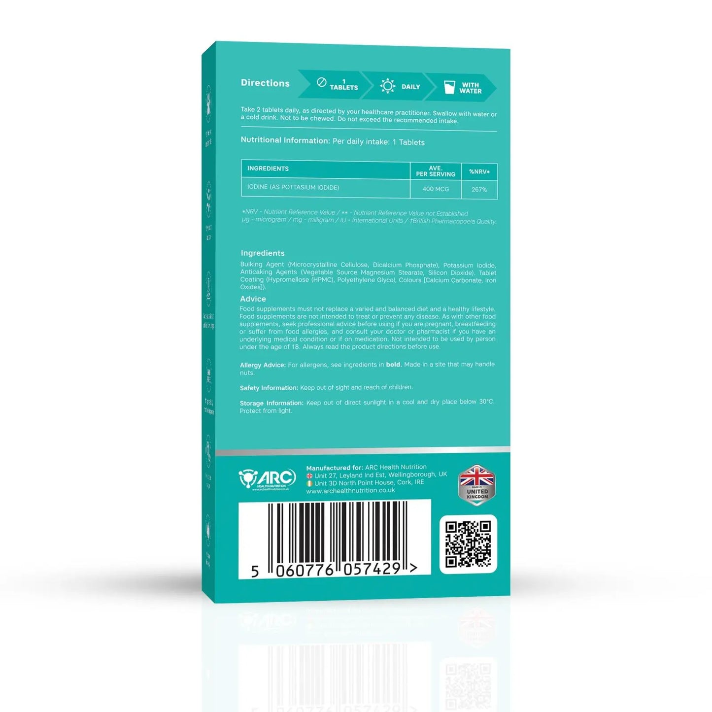 Iodine Supplement 60 Tablets 400mcg (potassium iodine ) Arc Healt Nutrition Ltd