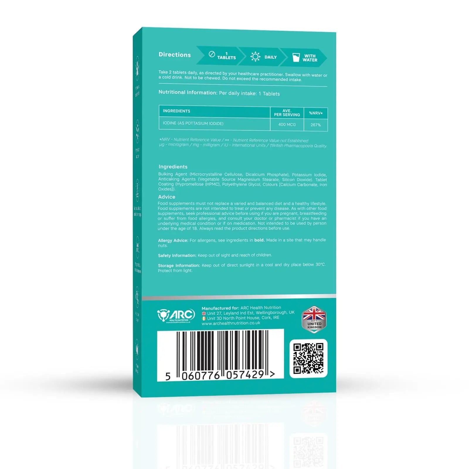 Iodine Supplement 60 Tablets 400mcg (potassium iodine ) Arc Healt Nutrition Ltd