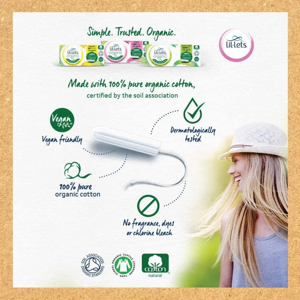 Lil-Lets Organic Non-Applicator Super Plus 16 per pack Tampons