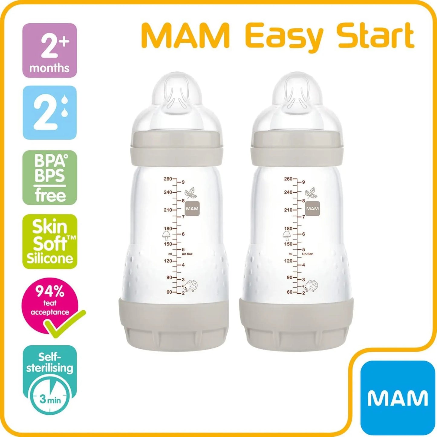 MAM Easy Start Self Sterilising Anti-Colic Baby Bottle Pack of 2,Medium Flow MAM Teats Size2,Grey MAM