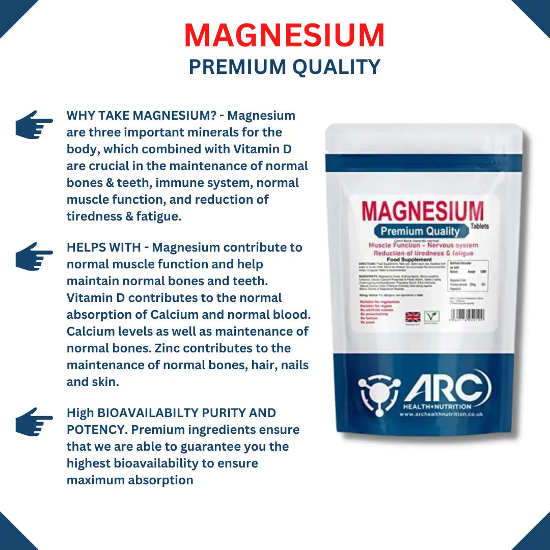 Magnesium 300mg Vegetarian & Vegan Mineral Supplement 360 Tablets - Arc Health Nutrition