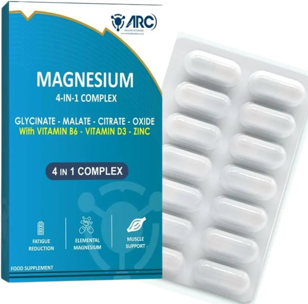 Magnesium 4 in 1 Complex with Vitamin B6 + D3 + Zinc 28 Capsules Magnesium Bisglycinate + Malate + Oxide + Citrate Arc Healt Nutrition Ltd