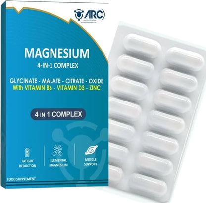 Magnesium 4 in 1 Complex with Vitamin B6 + D3 + Zinc 28 Capsules Magnesium Bisglycinate + Malate + Oxide + Citrate Arc Healt Nutrition Ltd