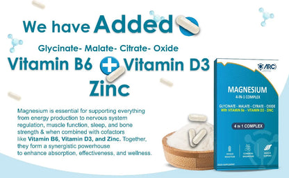 Magnesium 4 in 1 Complex with Vitamin B6 + D3 + Zinc 28 Capsules Magnesium Bisglycinate + Malate + Oxide + Citrate Arc Healt Nutrition Ltd