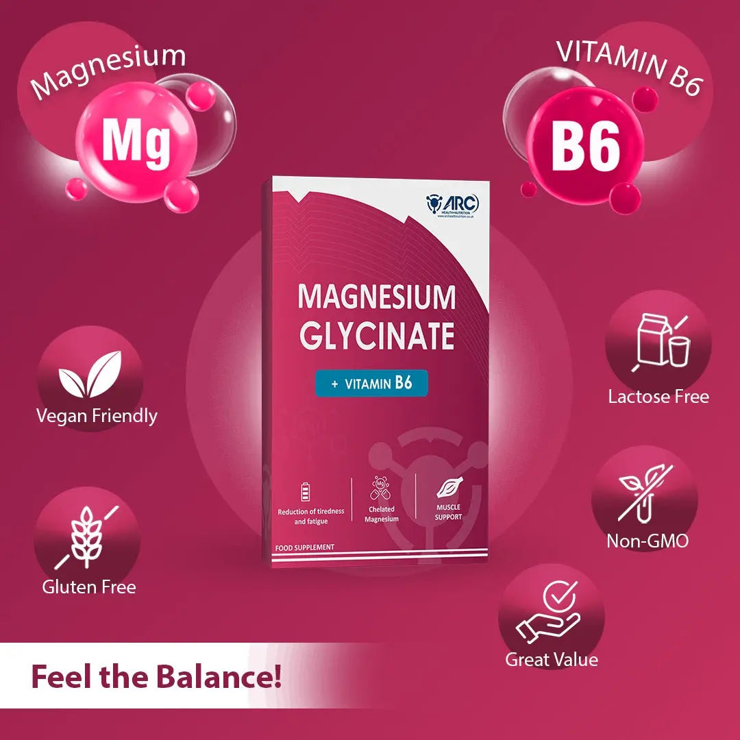 Magnesium Glycinate 1500mg & Vitamin B6 Supplement 28 Capsules ARC Health Nutrition