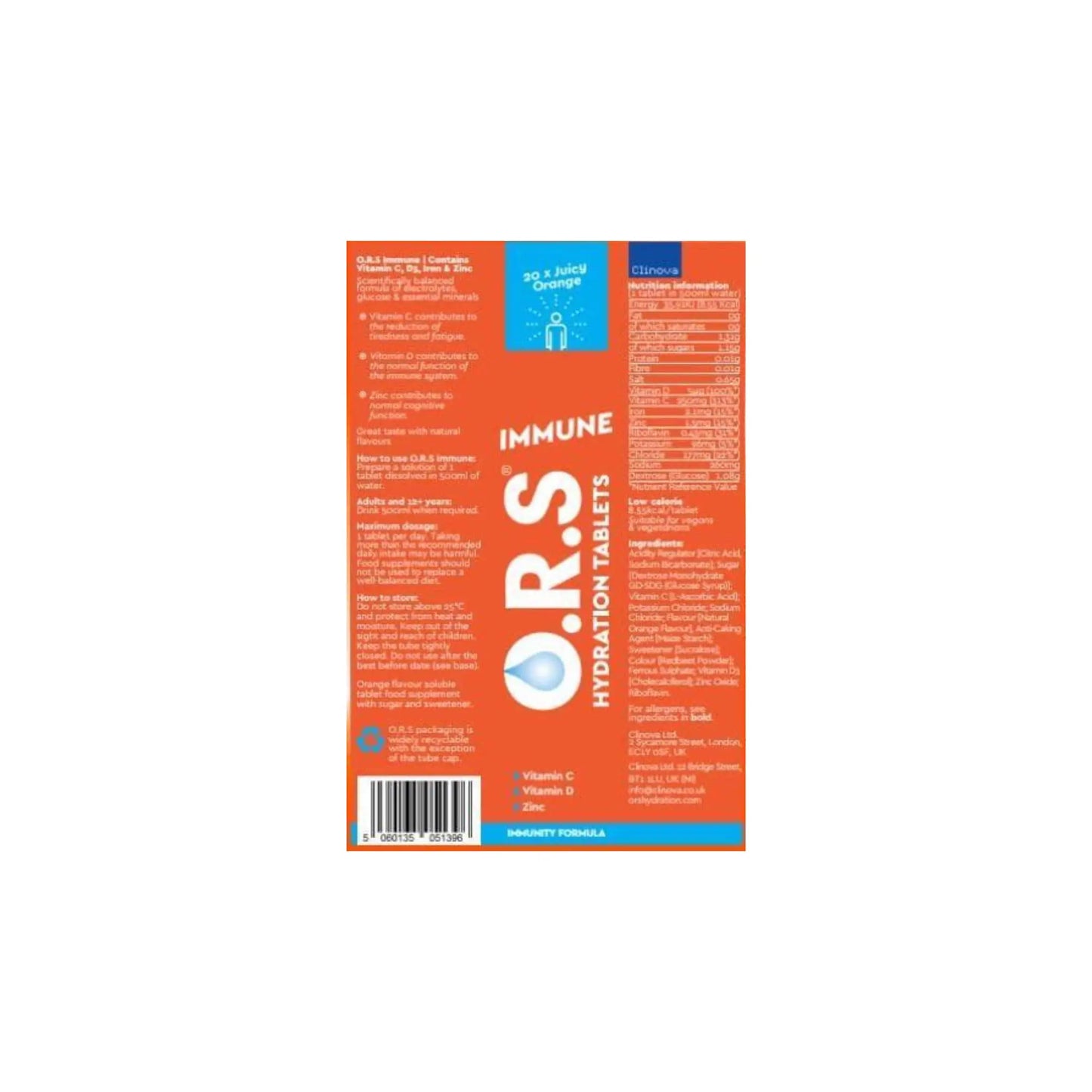 O.R.S Immune Vitamin C Hydration Tablets with Electrolytes,Immune System Booster,Natural Orange Flavour,20Tabs O.R.S