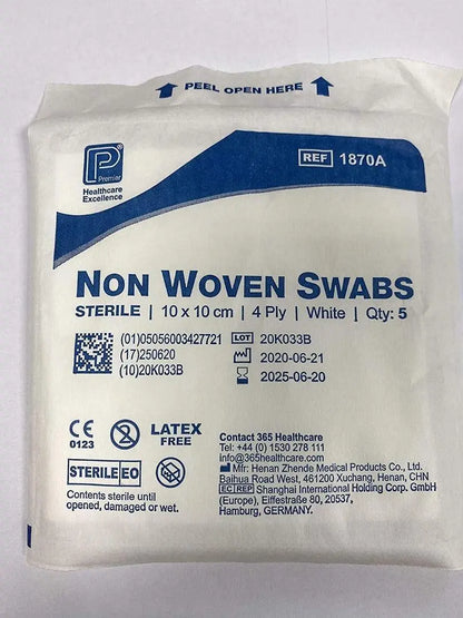 Premier 1870A 4 Ply Sterile Absorbent Non Woven Swab, 10cm x 10cm Pack of 40 (5 Swabs/Pack)