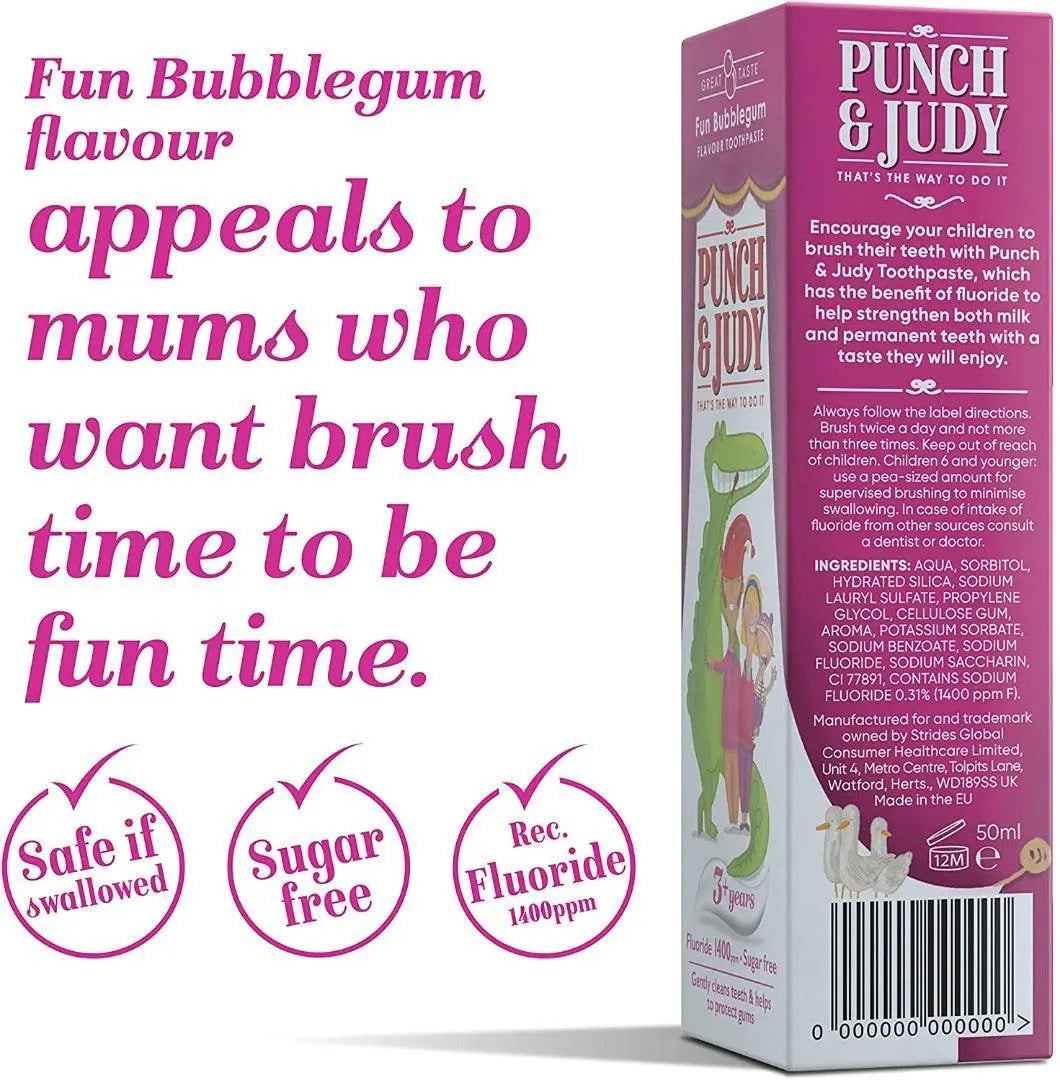 Punch & Judy Fun Bubblegum Flavour 50ml Toothpaste x 3 - Arc Health Nutrition