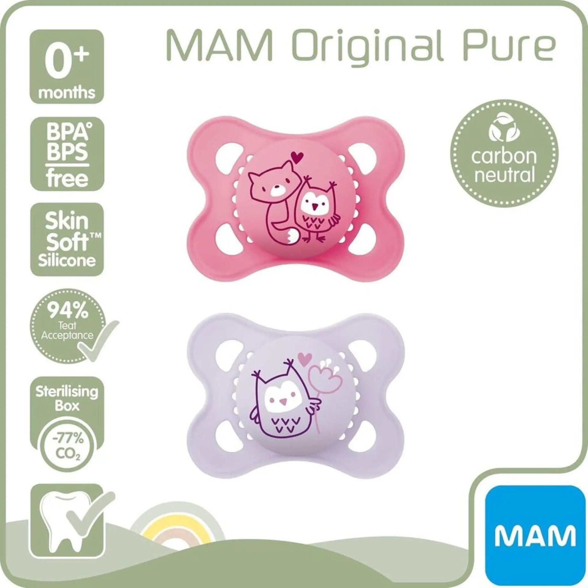 MAM Original Pure Soother 2-6Months(Set of 2),SkinSoft Silicone Teat,Pink/Purple MAM