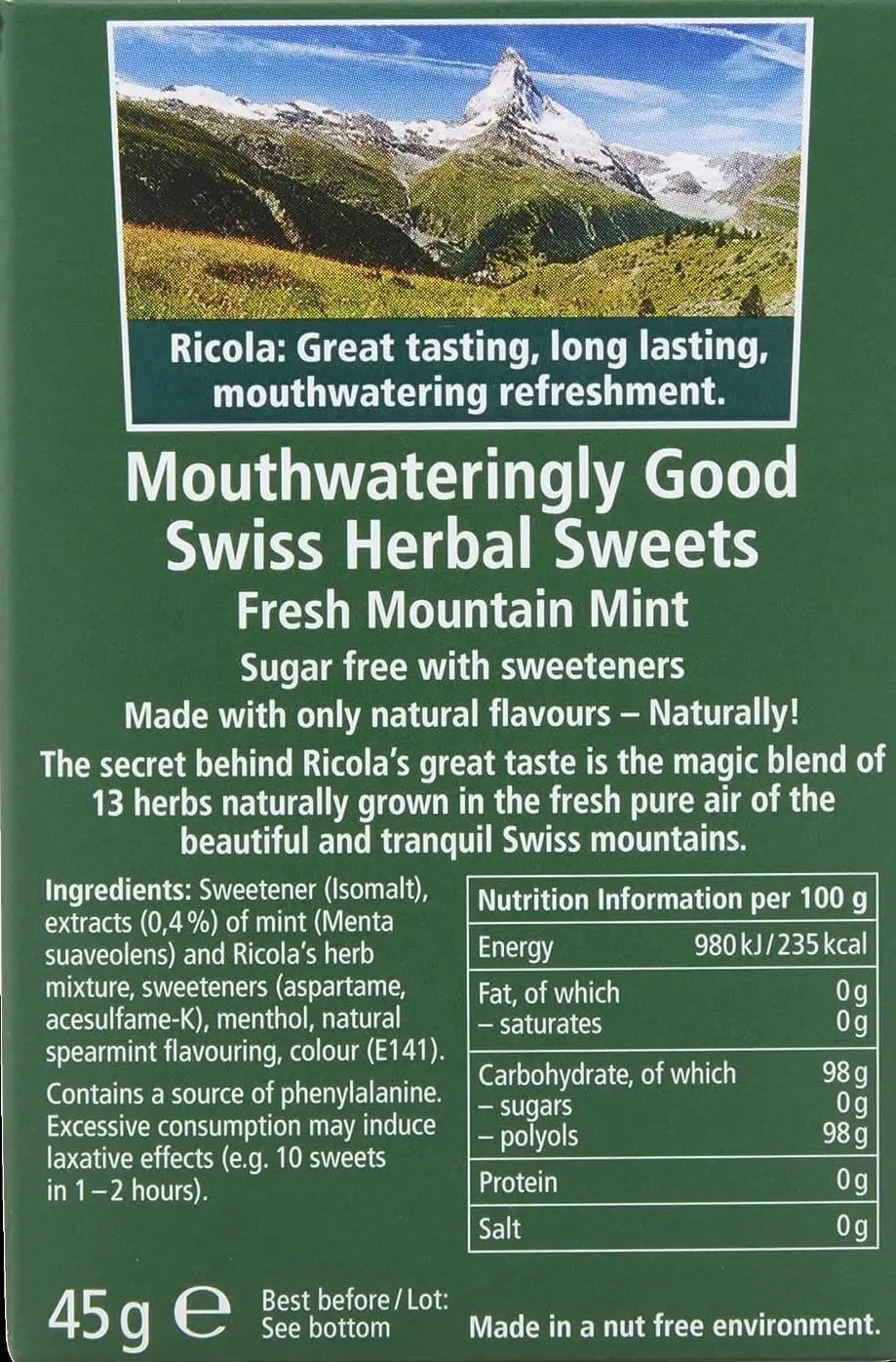 Ricola Mountain Mint Sugar Free Swiss Herbal Sweets- Pack of 20 Ricola