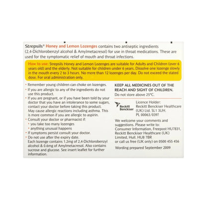 Strepsils Sore Throat Pain Relief Honey & Lemon Lozenges 24s