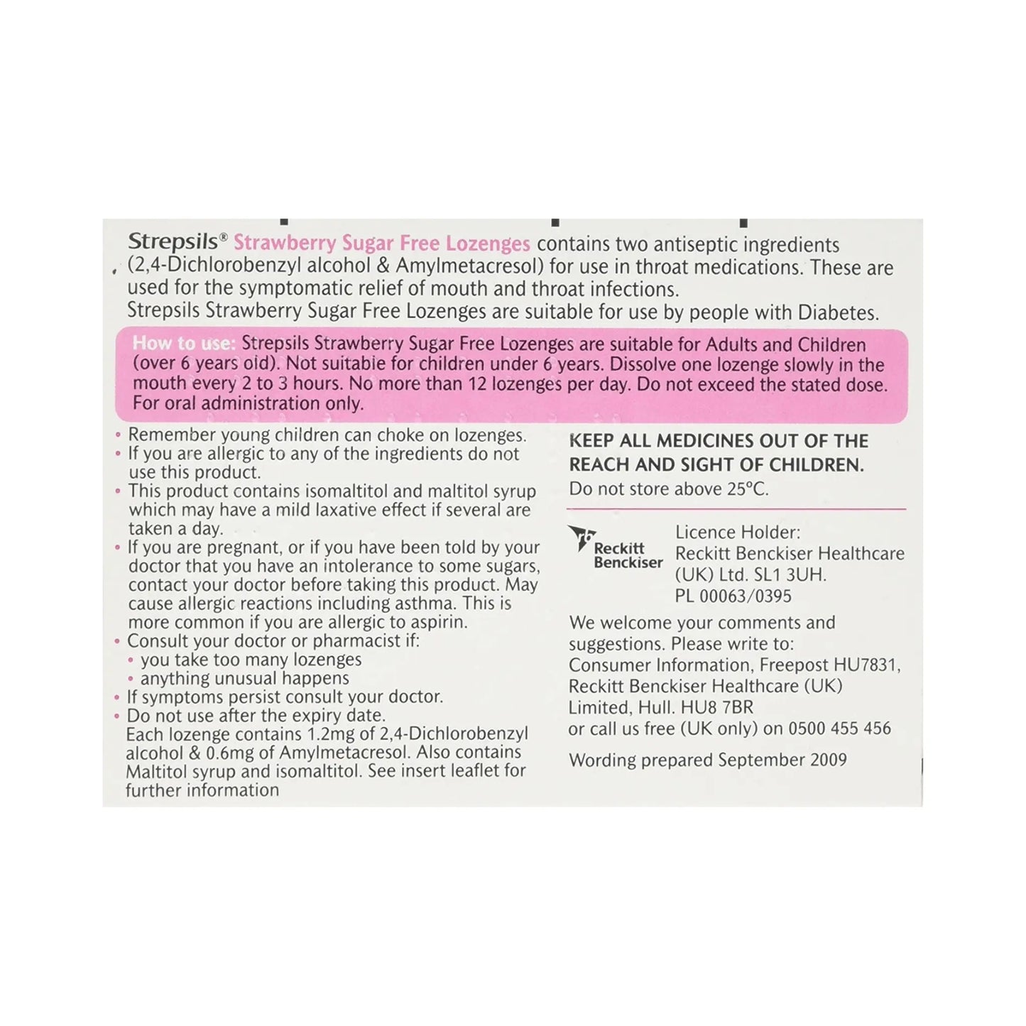 Strepsils Lozenges Strawberry Sugar Free Lozenges 36s