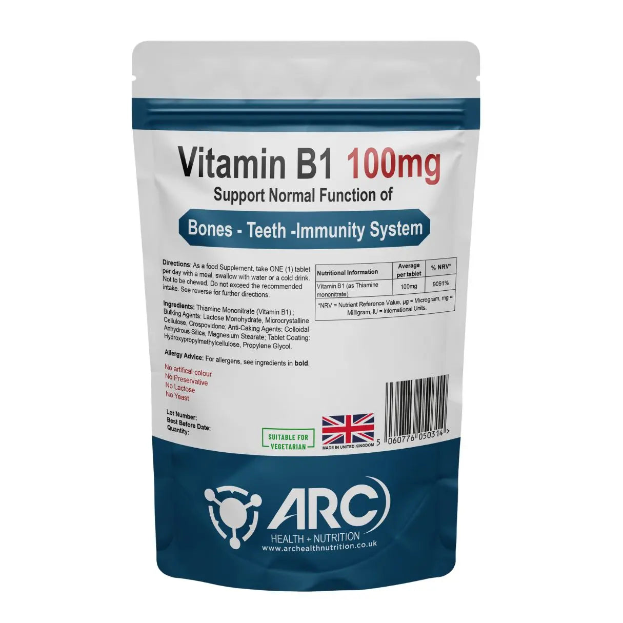 Thiamine 100mg Vitamin B1 - High Strength Tablets Arc Health Nutrition UK Ltd