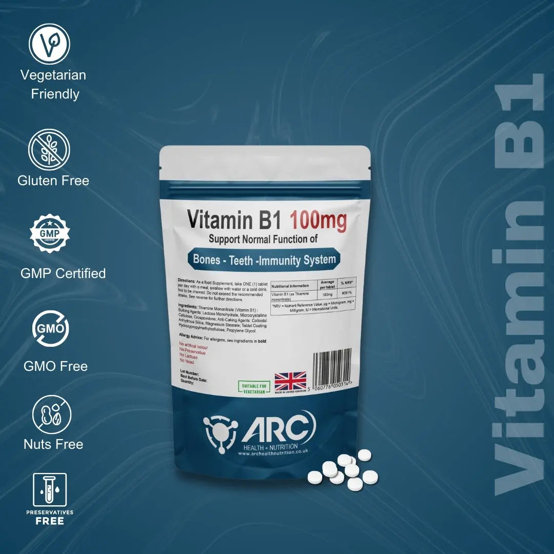 Thiamine 100mg Vitamin B1 - High Strength Tablets Arc Health Nutrition UK Ltd