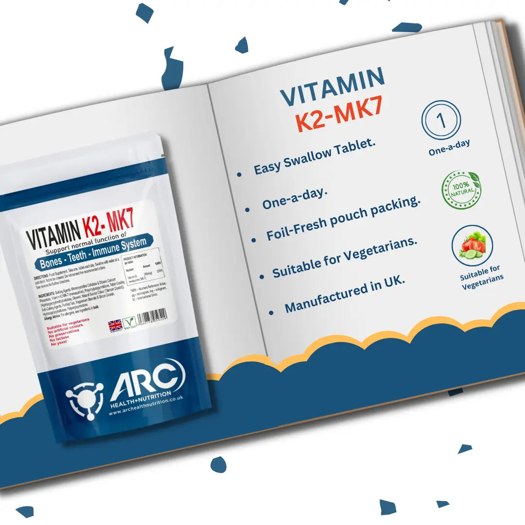 Vitamin K2 MK7 (Menaquinone) 100mcg VEGETARIAN Tablets Arc Health Nutrition UK Ltd