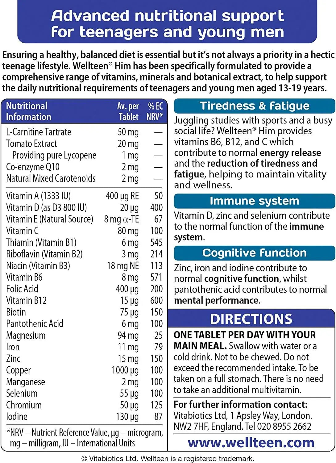 Vitabiotics Wellteen Him Original Tablets, 30 Count (Pack of 1)