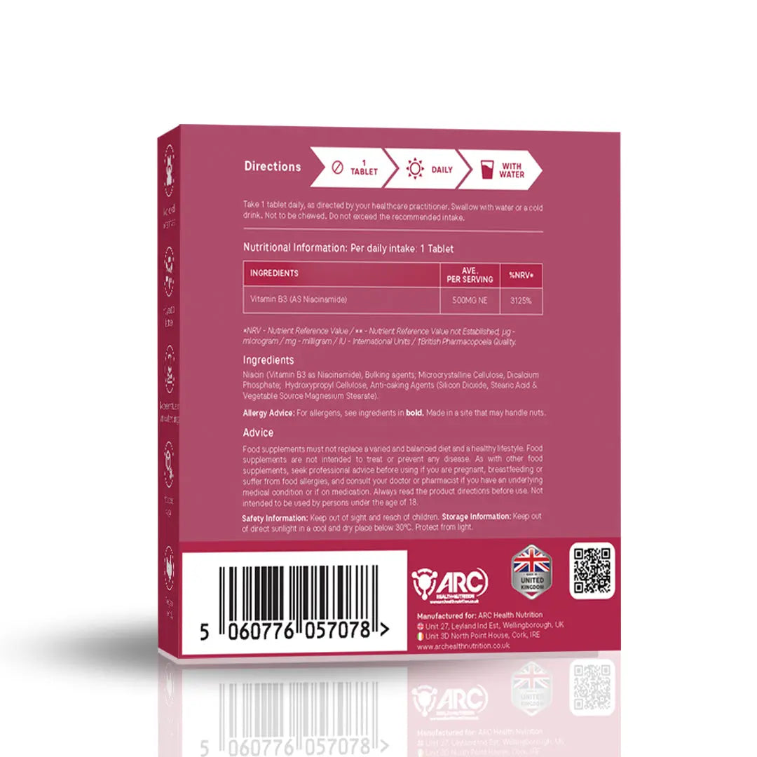 Vitamin B3 Niacinamide (Niacin) 500mg High Strength 28 Supplement Tablets ARC Health Nutrition