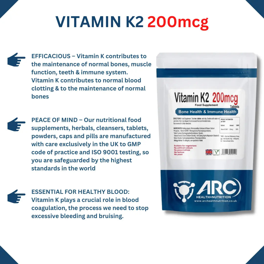 Vitamin K2 MK-7 Menaquinone 200mcg Tablets for Stronger Bones and Heart Health - Arc Health Nutrition