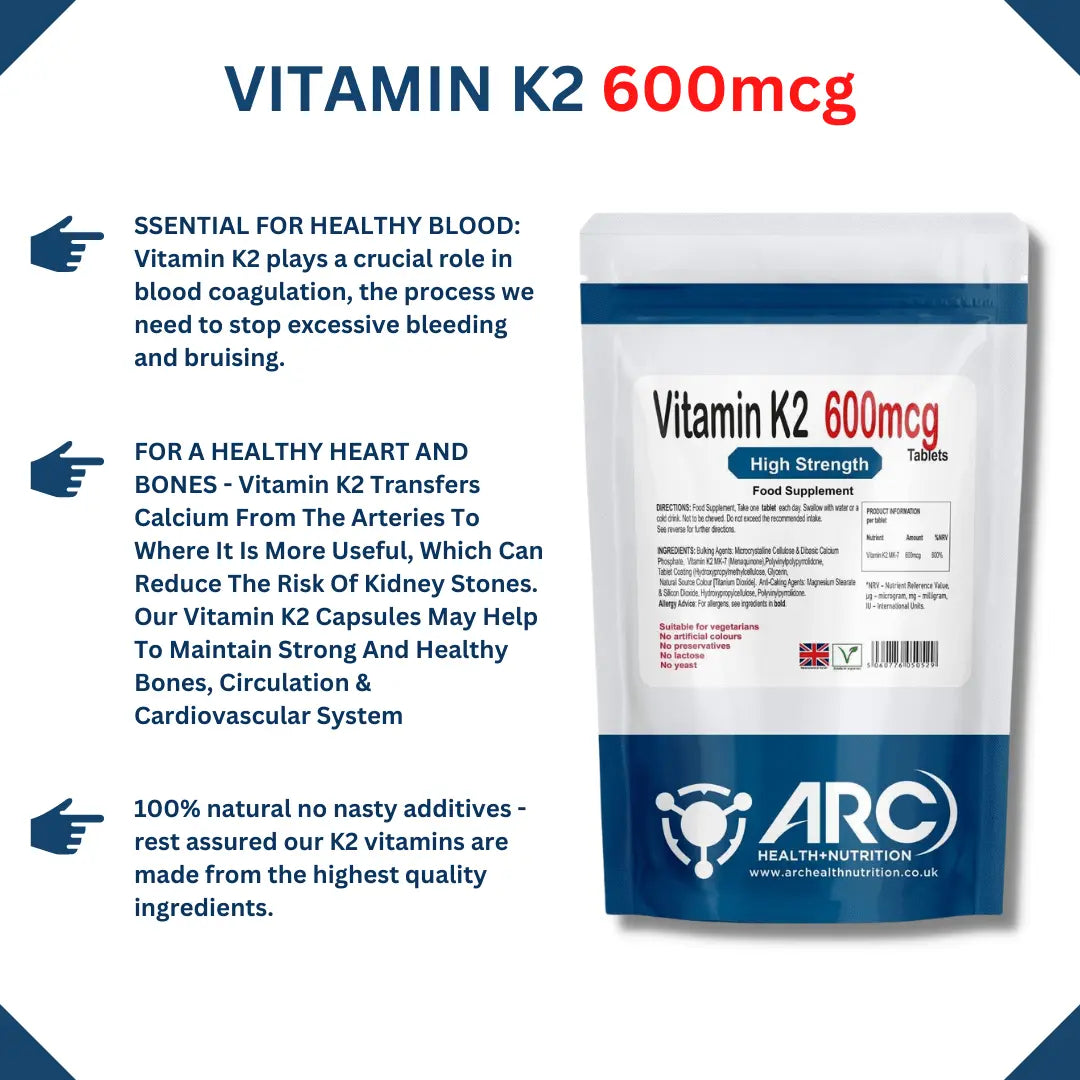 Vitamin K2 MK-7 Menaquinone 600mcg Tablets for Strong and Healthy Bones