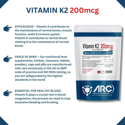 Vitamin K2 MK-7 Menaquinone 200mcg Supplement Tablets - Arc Health Nutrition