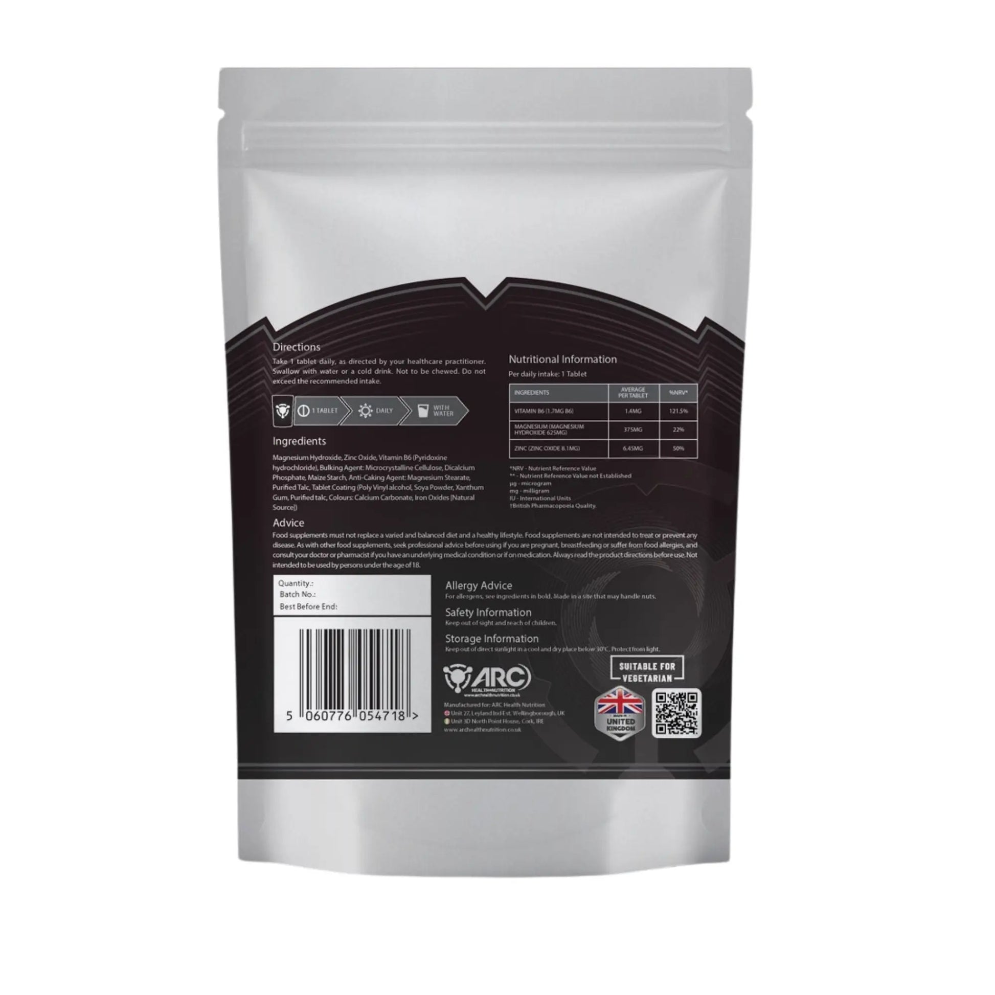 ZMA + Zinc Magnesium & Vitamin B6 180 Supplement Tablets Arc Health Nutrition UK Ltd