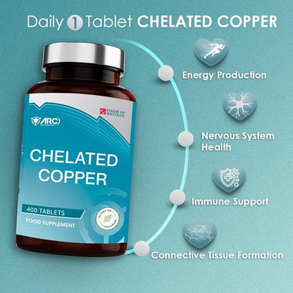 Chelated Copper Supplement 400 Tablets for Men & Women - Vegan, Made in UK
