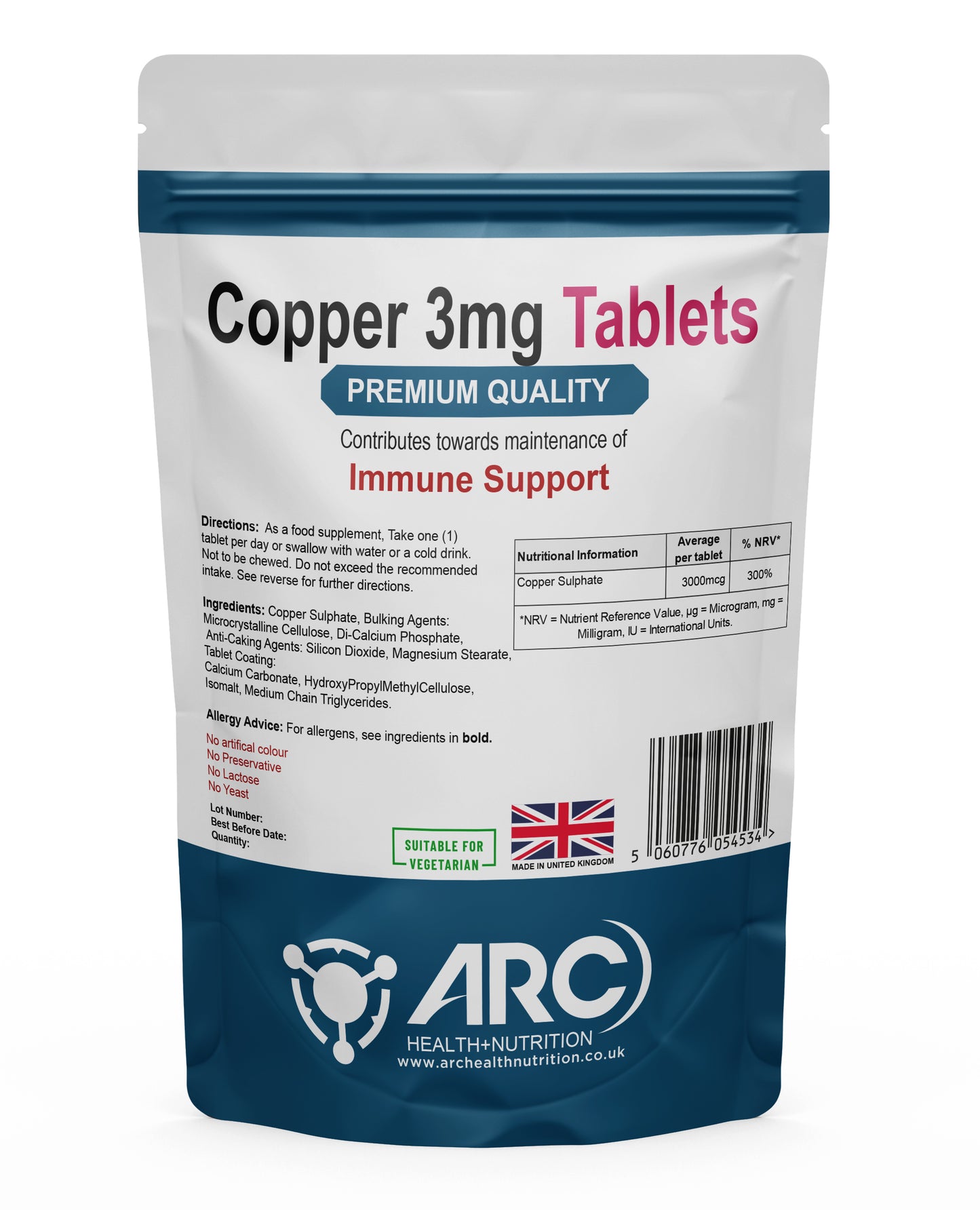 Copper 3mg Chelated Supplement Vegan Tablets