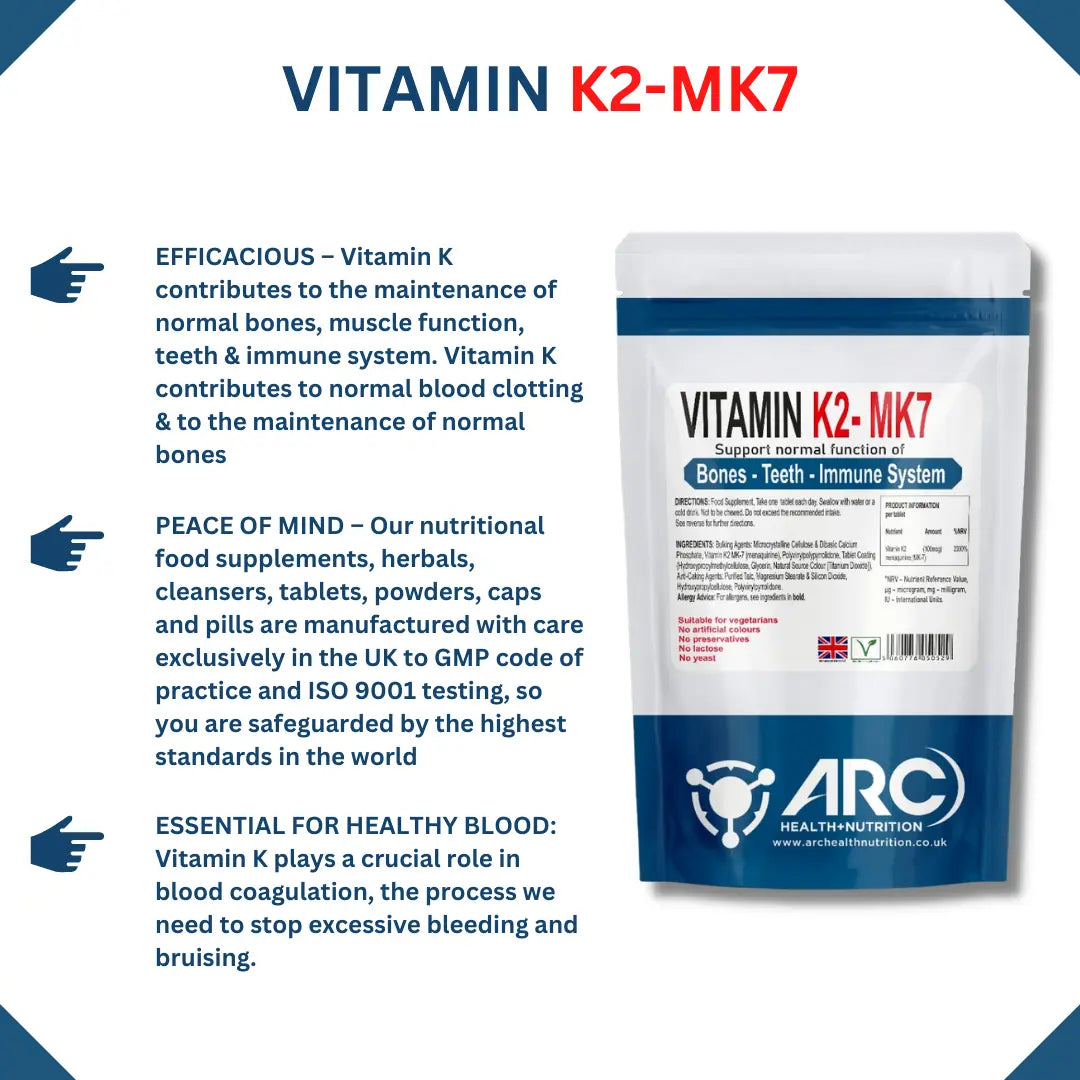 Vitamin K2 MK7 (Menaquinone) 100mcg VEGETARIAN Tablets Arc Health Nutrition UK Ltd