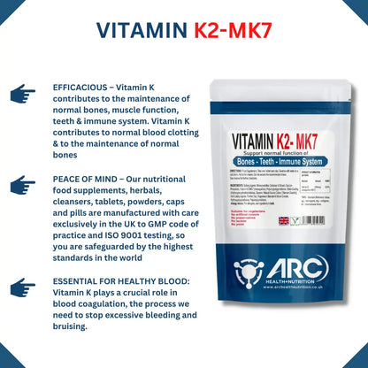 Vitamin K2 MK7 (Menaquinone) 100mcg VEGETARIAN Tablets Arc Health Nutrition UK Ltd