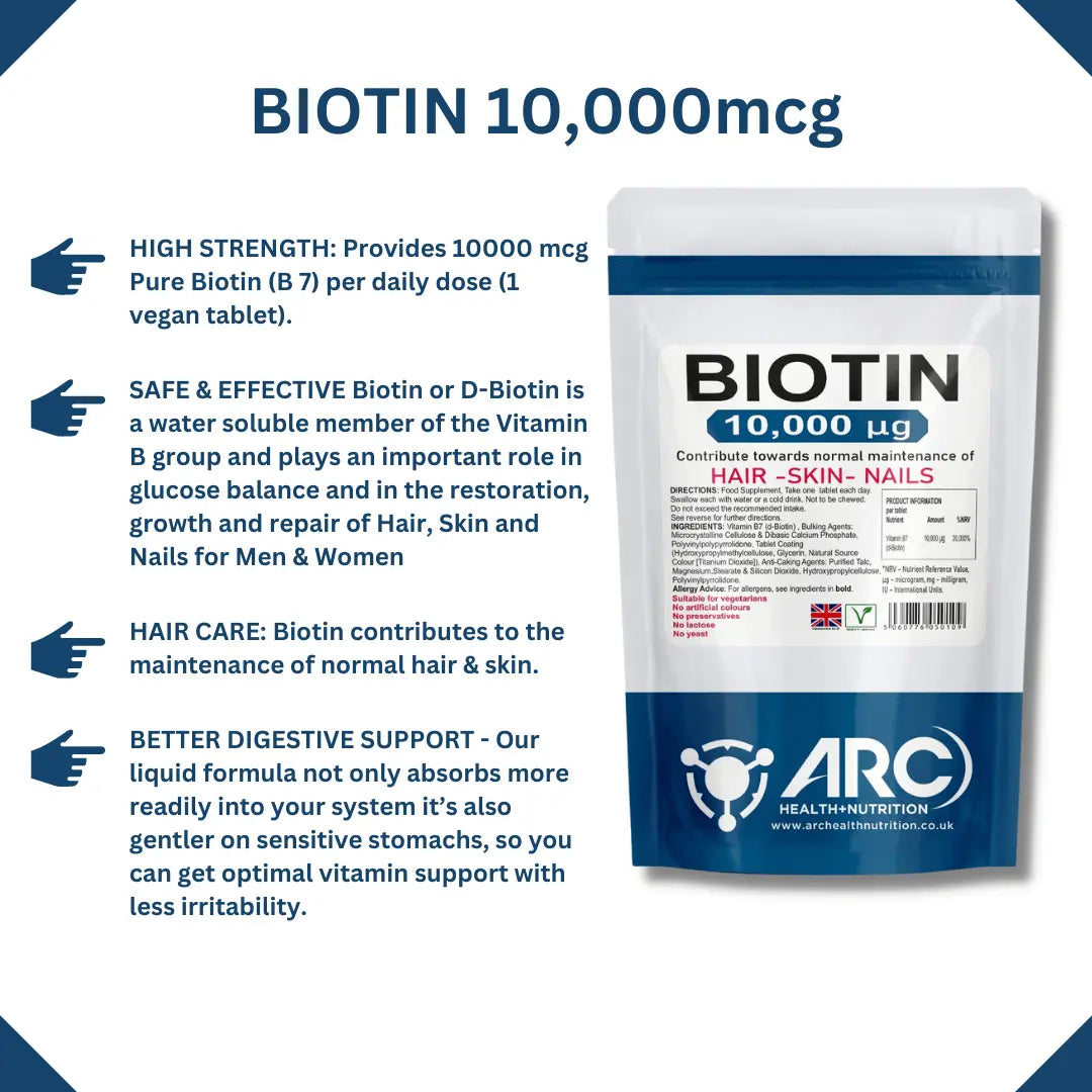 Biotin 10,000mcg Vitamin B7, 120 Tablets - Arc Health Nutrition UK Ltd 