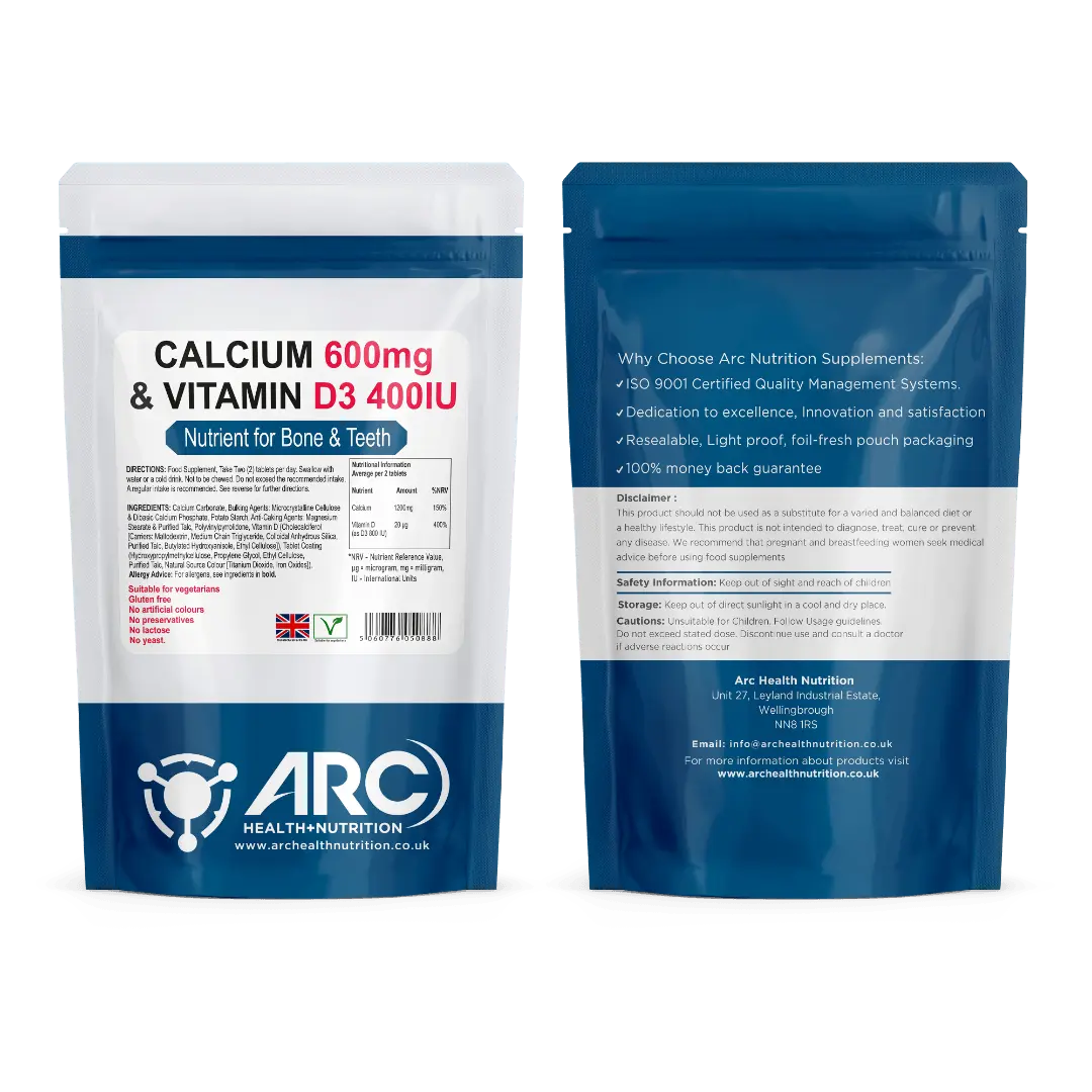 Calcium Carbonate 1500mg and Vitamin D3 400iu Tablets - Arc Health Nutrition UK Ltd 
