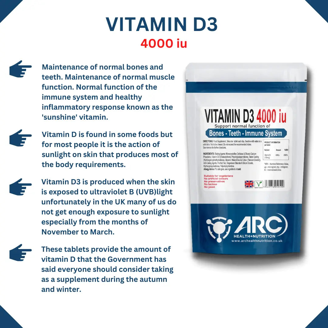 Vitamin D3 100mcg 4000iu Cholecalciferol 120 Tablets VEGETARIAN - Arc Health Nutrition UK Ltd 