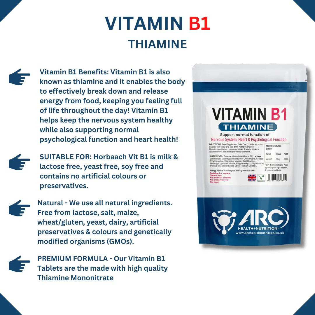 Vitamin B1 100mg Thiamine 100 Tablets - Arc Health Nutrition UK Ltd 