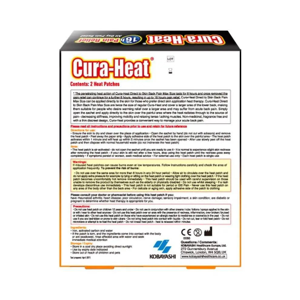 Cura-Heat Direct to Skin Back Pain Max Size 2 Patches x 2 - Arc Health Nutrition UK Ltd 